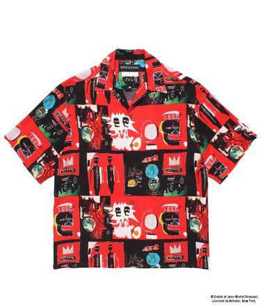 Red men's Hawaiian shirt with Jean-Michel Basquiat graphic print laid flat on a white background.
