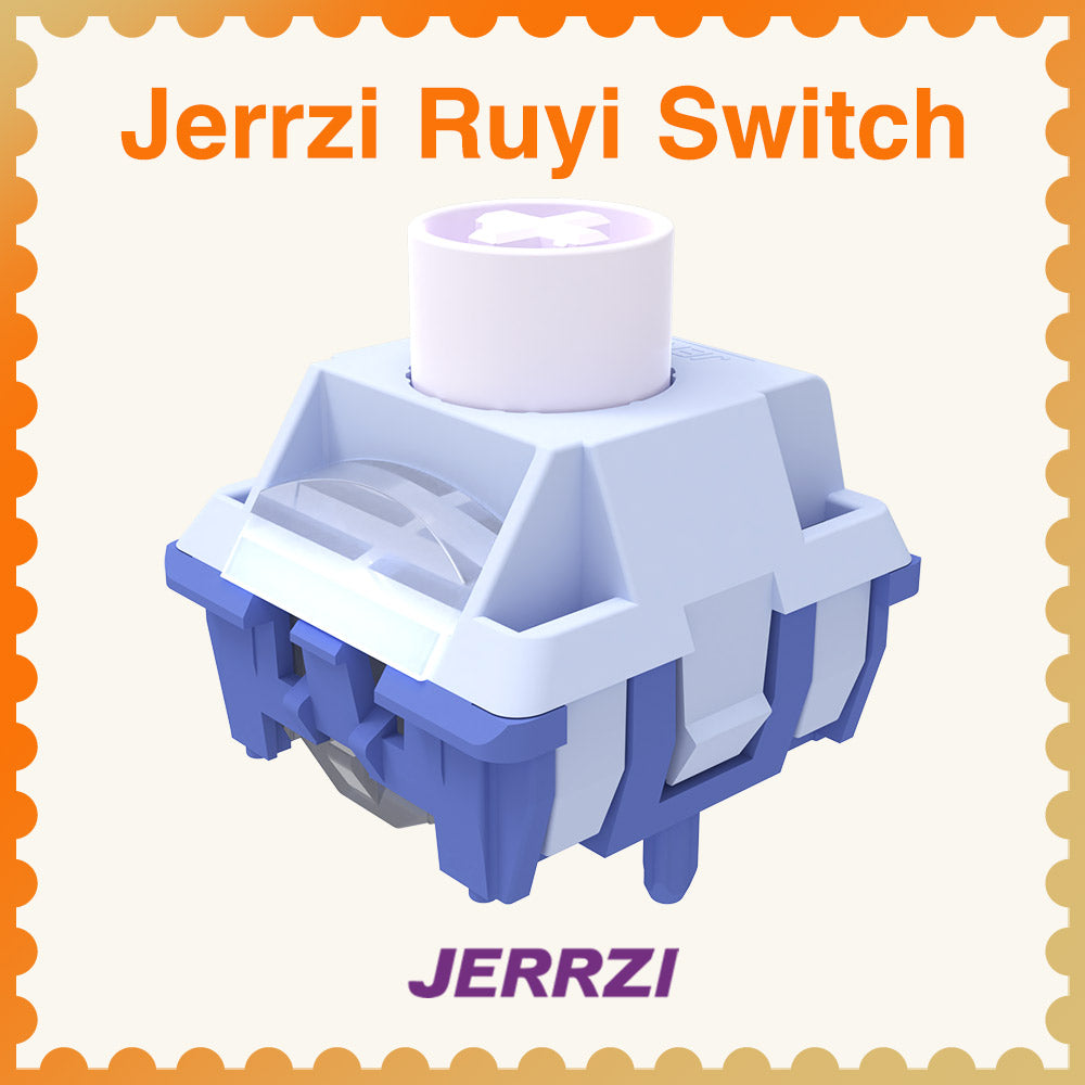 Close-up of a JERRZI Ruyi mechanical keyboard switch in blue and white with the brand name visible.