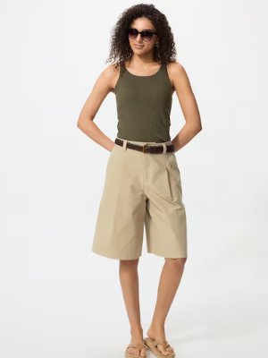 Model wearing beige women's half-length shorts (polyester) with a belt.