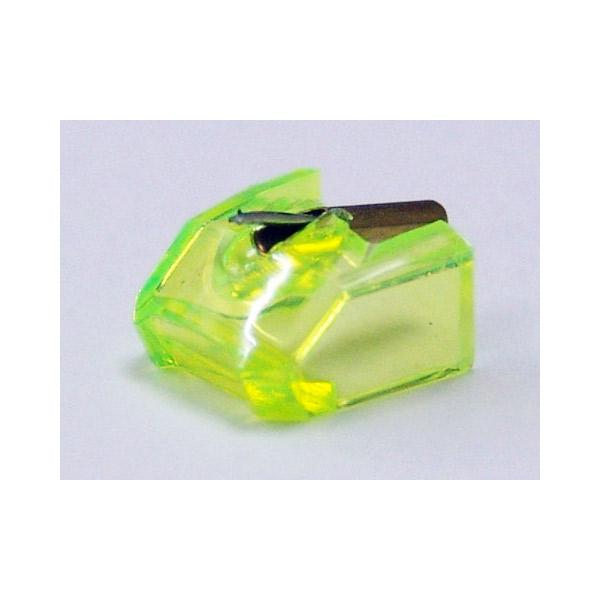 Close-up photo of a translucent green replacement stylus for a record player cartridge.