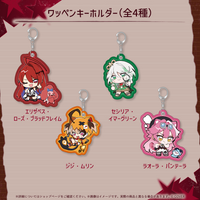 Four chibi-style fabric patch key holders with metal clips showing four character designs including ジジ・ムリン.
