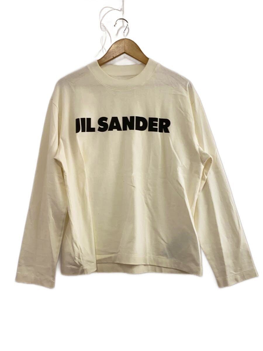 Cream cotton long-sleeve sweatshirt with a black JIL SANDER print hanging on a wooden hanger against a white background.