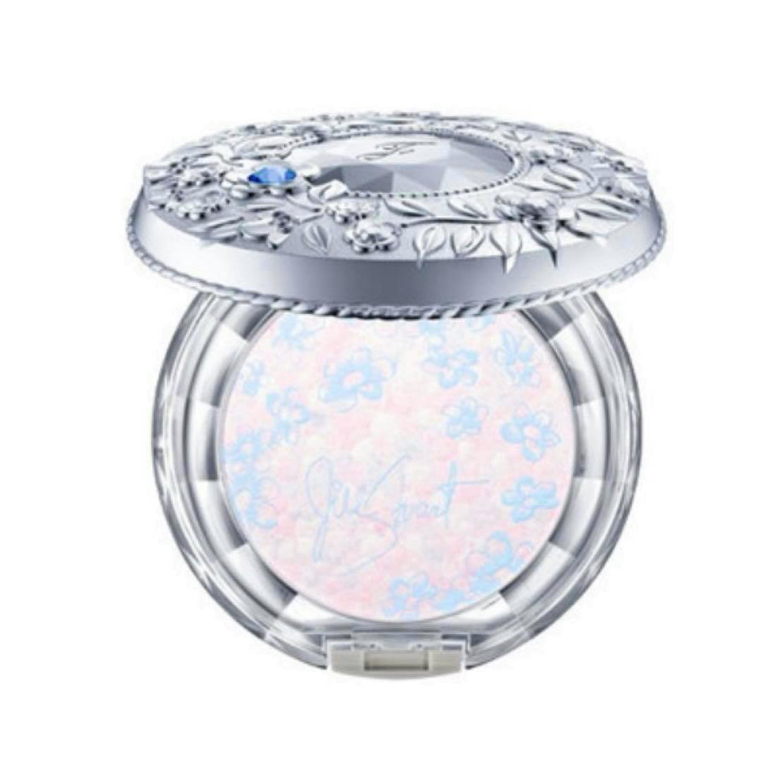 Open JILLSTUART face powder compact with decorative silver lid and pastel blue-pink patterned powder.