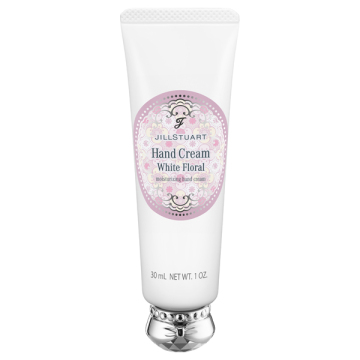 A white tube of Jill Stuart White Floral hand cream (30 g) with a decorative pink label.