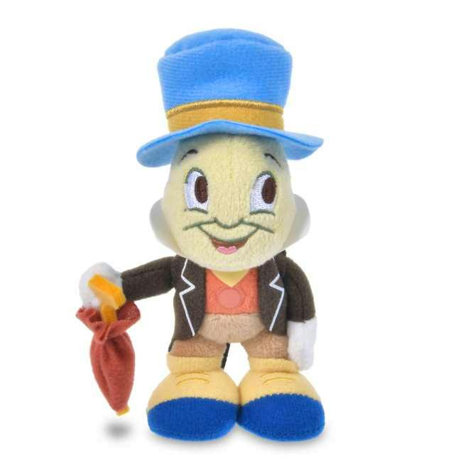 Front-facing Jiminy Cricket plush wearing a blue top hat and brown jacket, standing and holding a red umbrella.