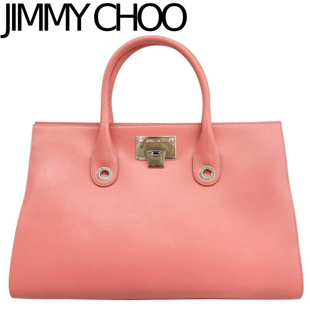 Pink calf-leather Jimmy Choo tote handbag with two handles and a front metal lock plate shown on a white background.