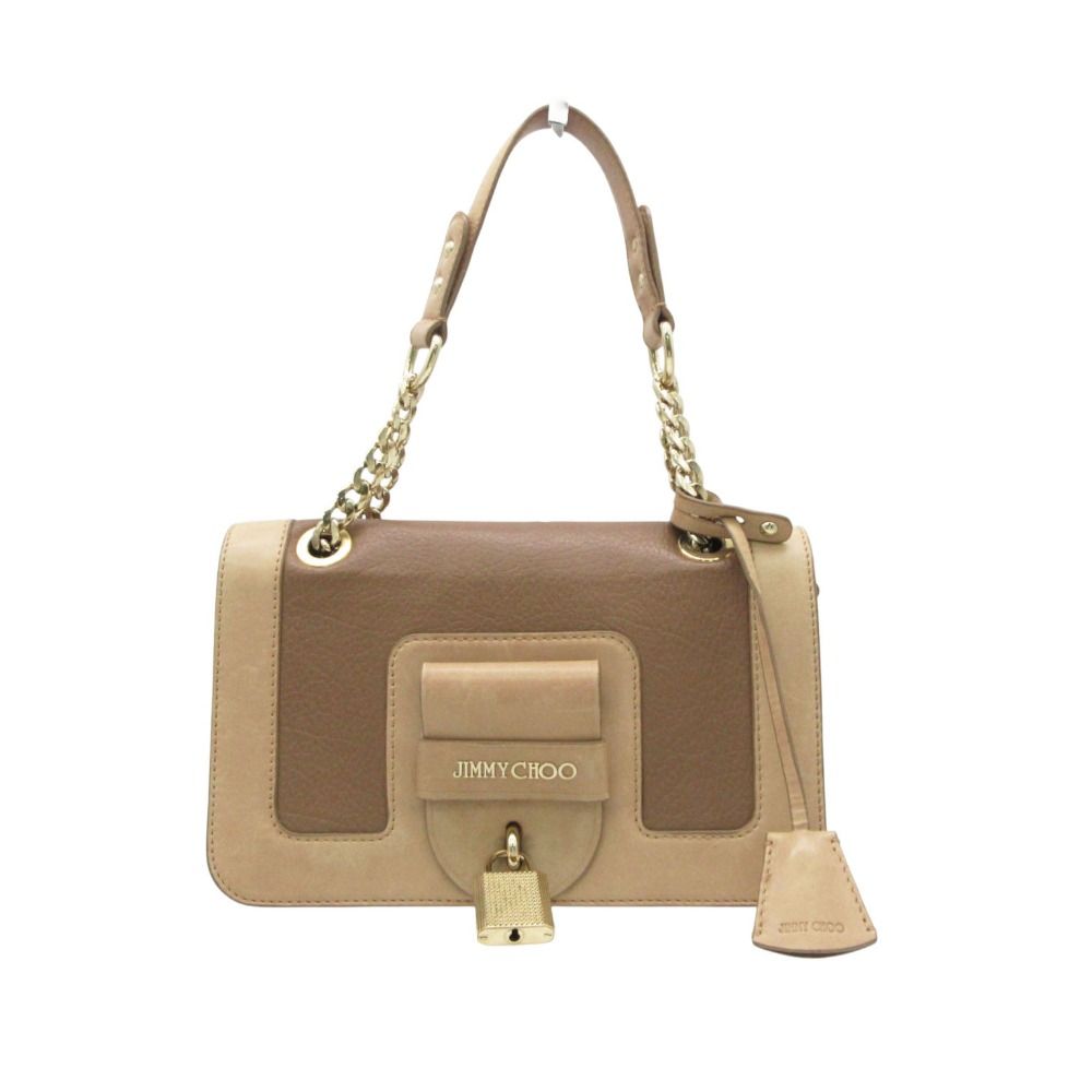 Front view of a beige Jimmy Choo leather flap handbag with chain strap and padlock.