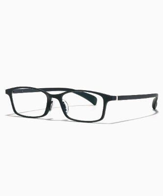 A pair of plastic eyeglasses with rectangular black frames displayed on a white background.