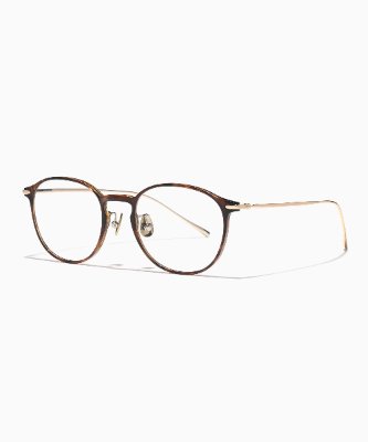 A pair of JINS Combination Titanium eyeglasses with a brown plastic front frame and thin metal temples on a white background.