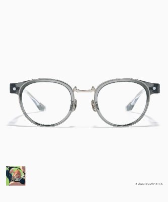 Front view of the JINS×チェンソーマン パワーモデル glasses showing clear corrective lenses and a grey frame.