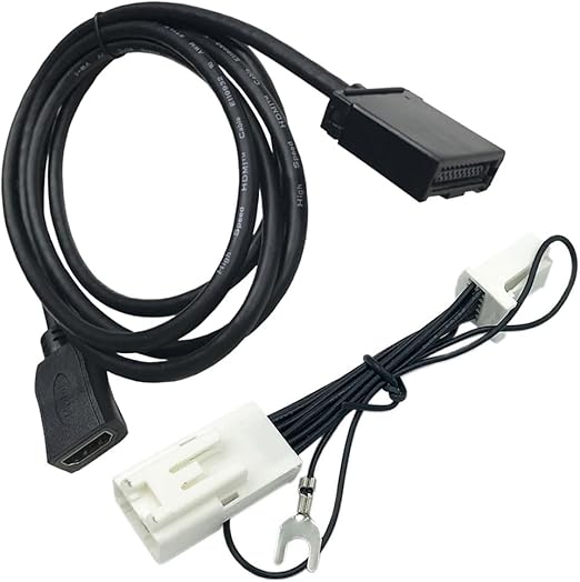 Black HDMI conversion cable for Nissan car navigation (Type E to Type A) showing the HDMI lead and white vehicle connectors.