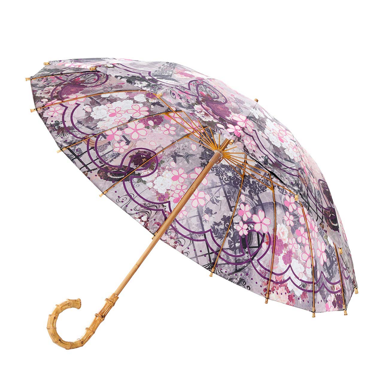 A long umbrella with a curved bamboo-style handle and a purple-pink floral patterned canopy.