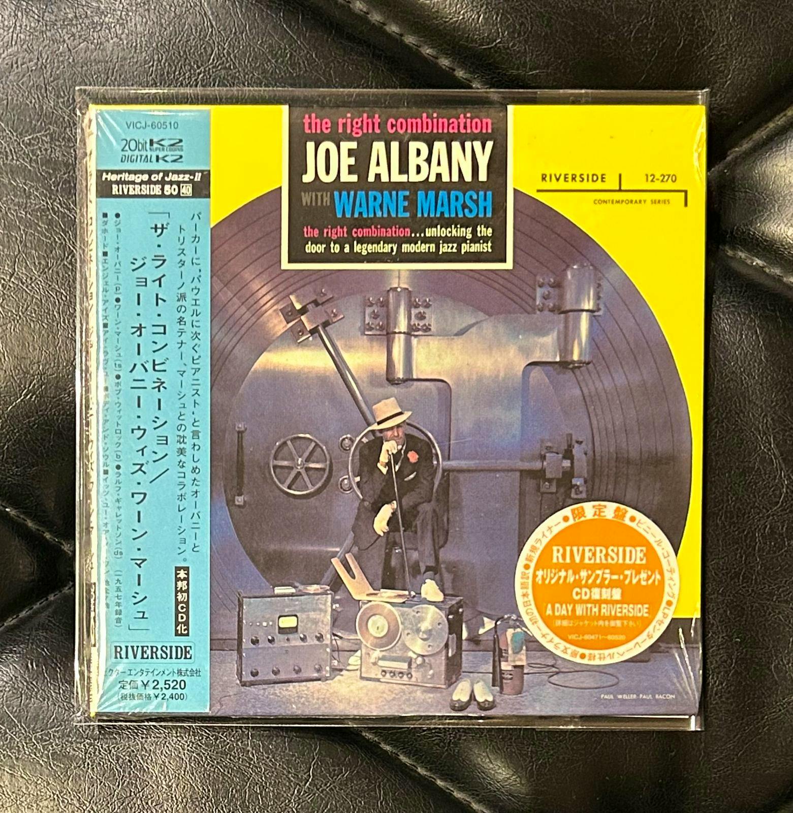 Front of a sealed Japanese paper-jacket CD showing Joe Albany with Warne Marsh "The Right Combination" cover, obi strip, and Riverside sticker.