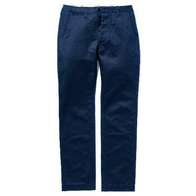 Front view of navy blue men's chino trousers laid flat on a white background.