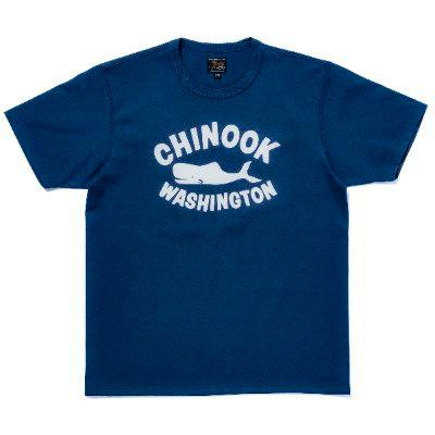 Front view of a blue cotton T-shirt with white "CHINOOK WASHINGTON" text and a fish graphic on the chest.
