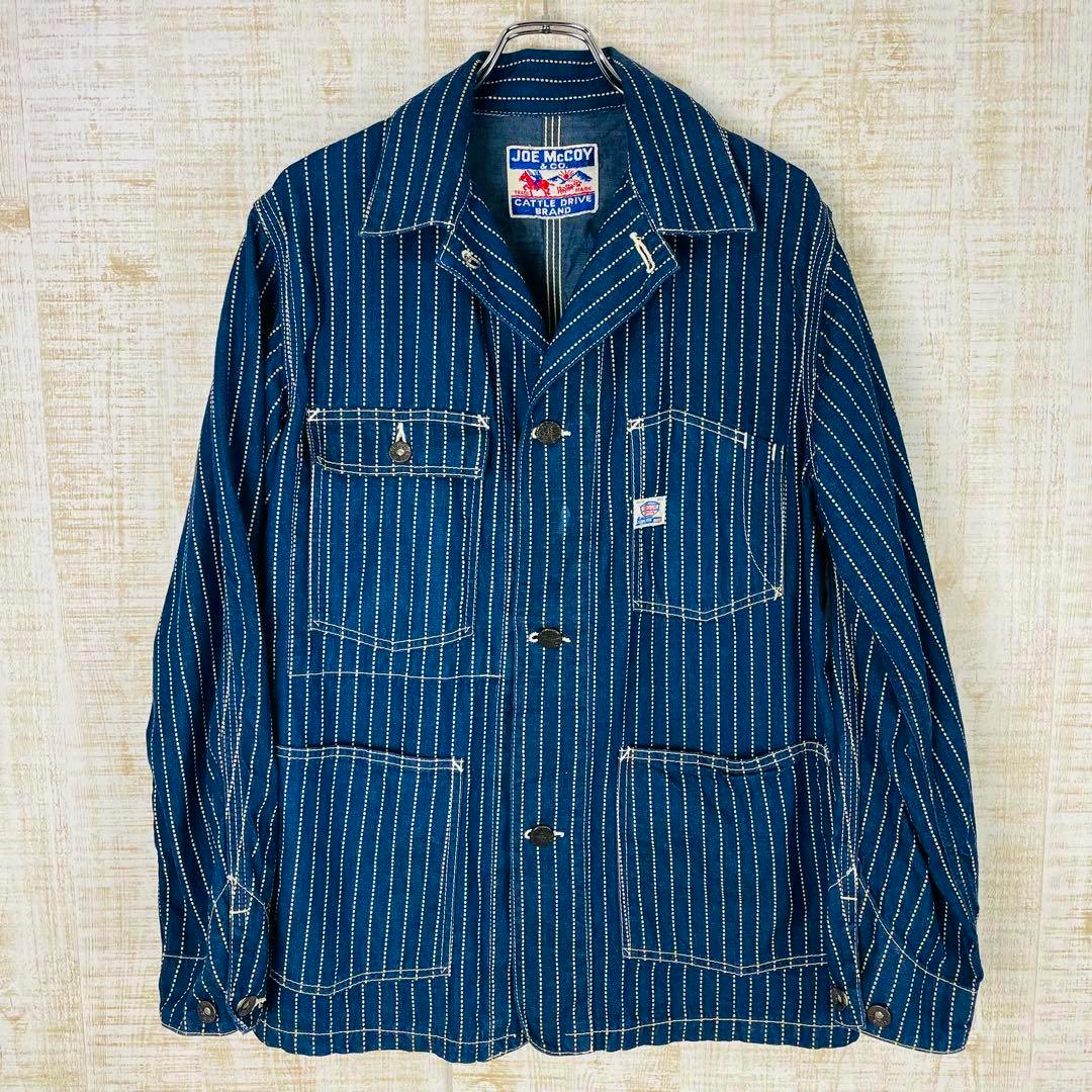 Front view of the JOE McCOY wabash-stripe cotton coverall work jacket (size 40) hanging on a hanger.