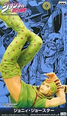 Painted Johnny Joestar figure (repaint ver.) posed reclining with legs raised against a blue illustrated background.