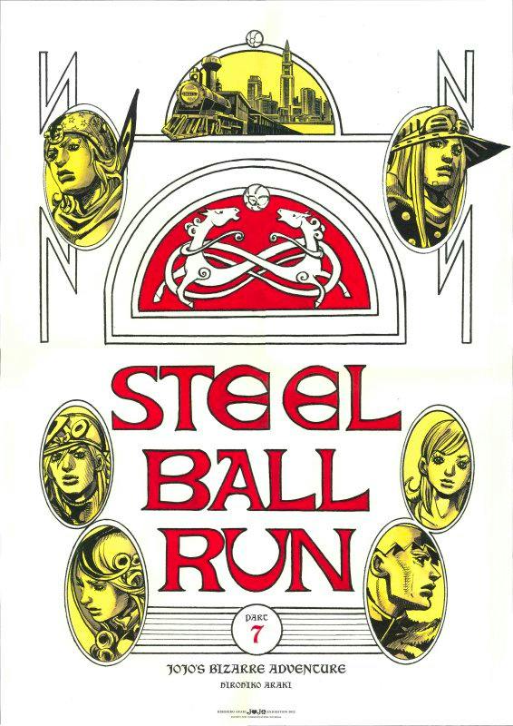 B2 poster for JoJo's Bizarre Adventure Part 7 showing the text “STEEL BALL RUN” and multiple character portrait illustrations.