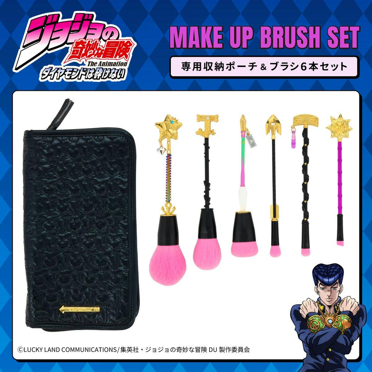 Black textured synthetic-leather pouch with zipper shown next to six JoJo-themed makeup brushes with pink bristles.