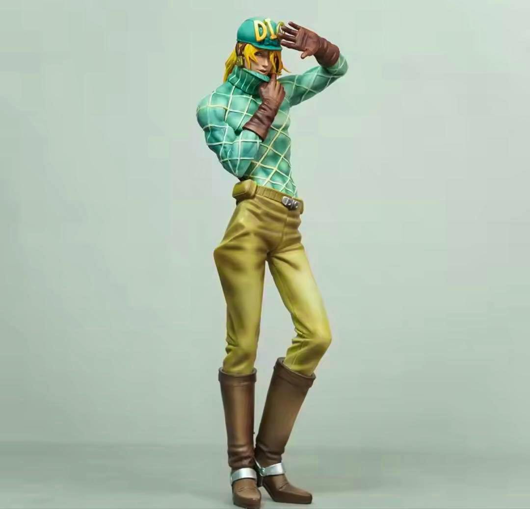 Full-body photo of the painted Diego Brando garage kit figure wearing a green diamond-patterned sweater, yellow pants, and brown boots.