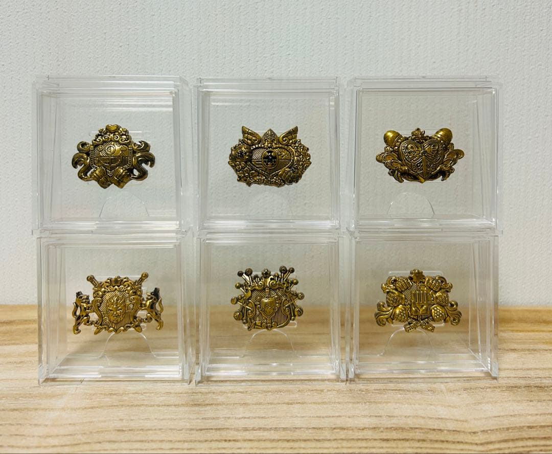 Six gold-colored medals from the JoJo World H-prize set displayed individually in clear plastic cases arranged in two rows of three on a wooden surface.