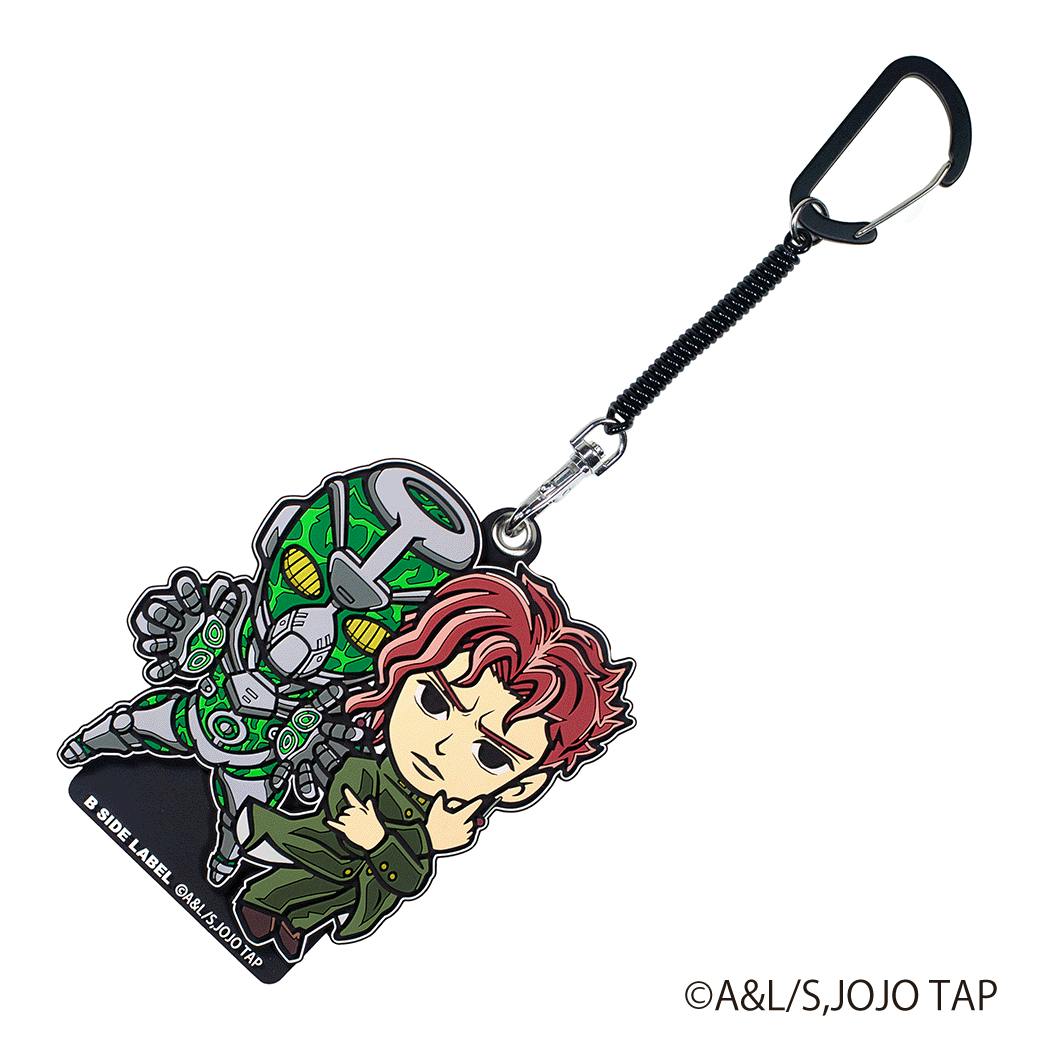 A plastic pass case keychain depicting chibi Kakyoin and his Stand, attached to a black coiled strap and carabiner.