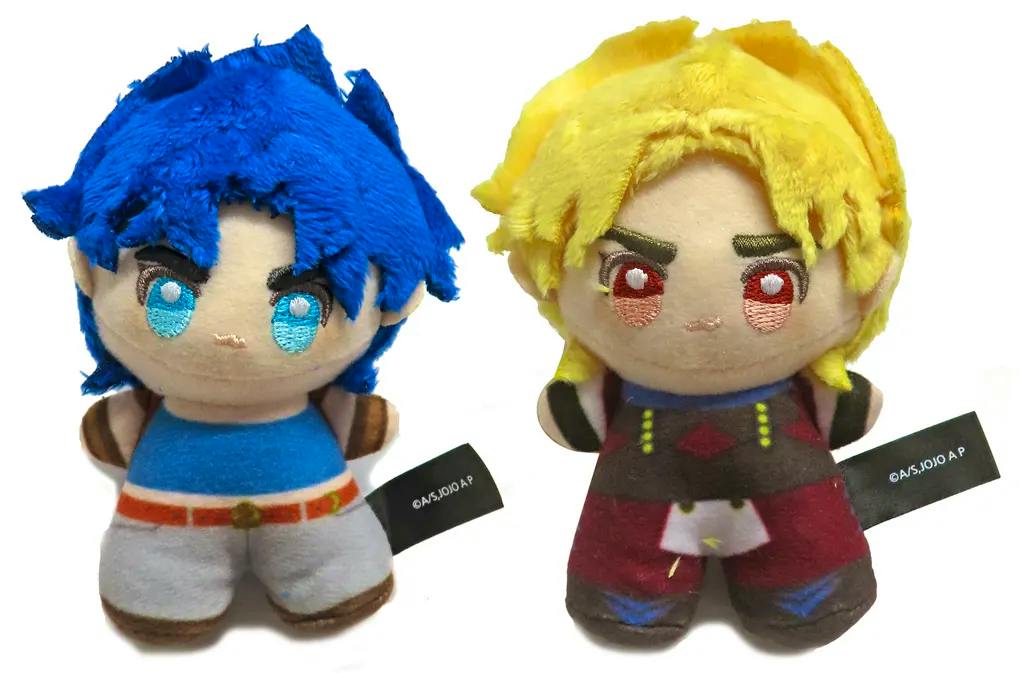 Front view of two plush toys (Jonathan Joestar and Dio Brando) from JoJo's Bizarre Adventure on a white background.