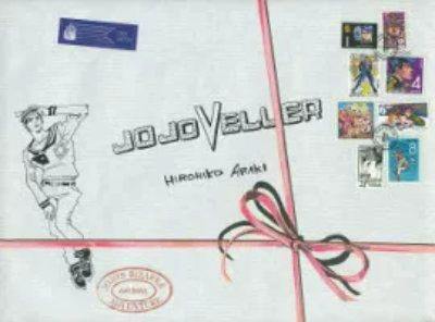 Front cover of the book 'JOJOVELLER' by Hirohiko Araki showing the title, an illustrated character, a ribbon motif, and small stamp-like images.