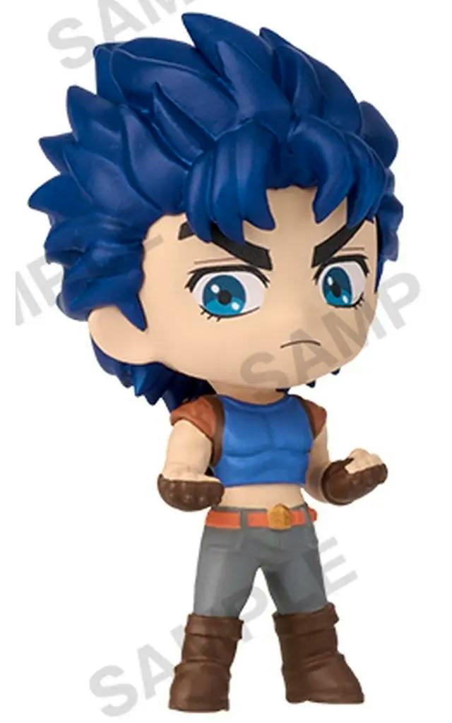 Front-facing chibi-style plastic figure of Jonathan Joestar wearing a blue sleeveless top, gray pants, and brown boots.