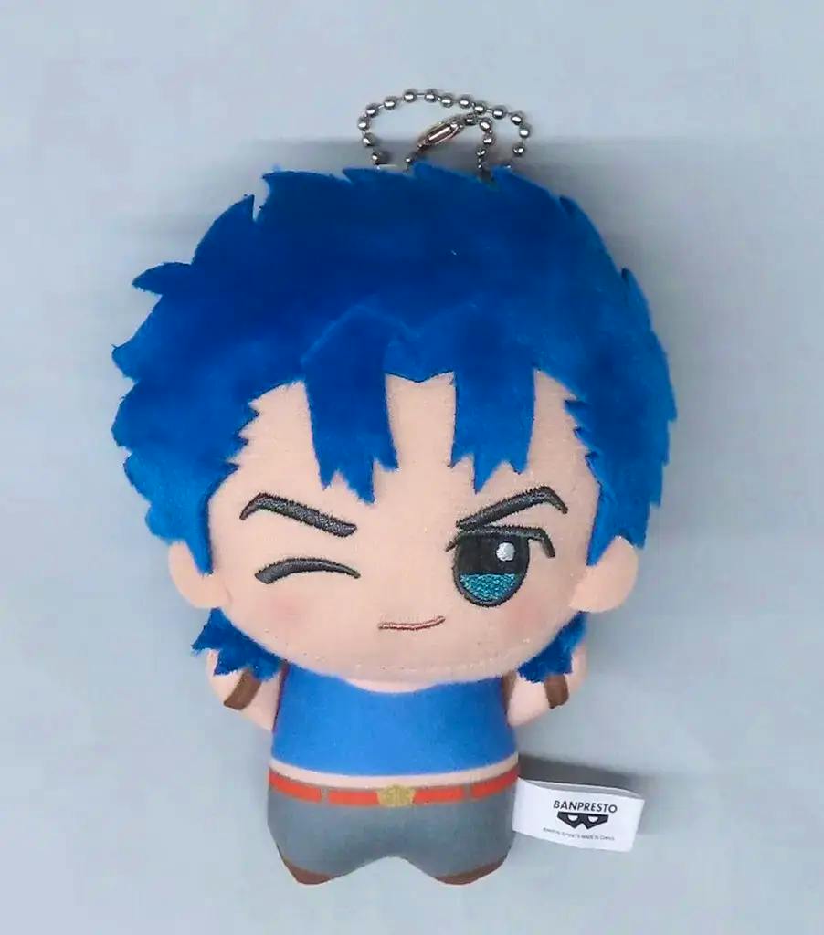 Front view of the Jonathan Joestar chibi plush mascot keychain with blue hair, embroidered facial features, and a metal ball chain.