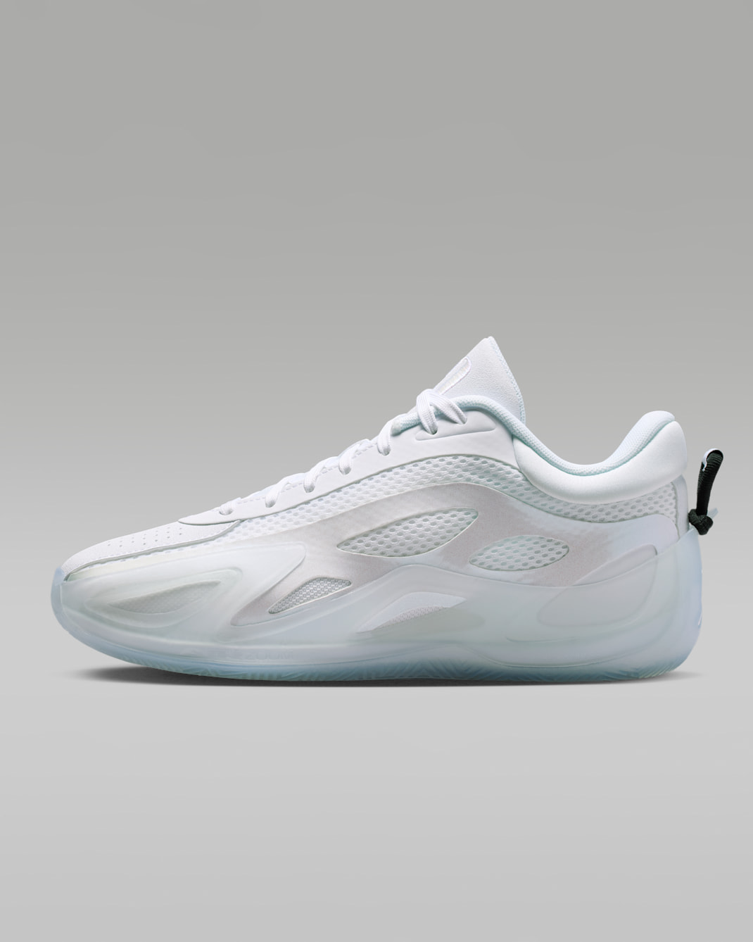 Side view of the Jordan Air Series 2 PF "Triple White" synthetic leather shoe on a gray background.