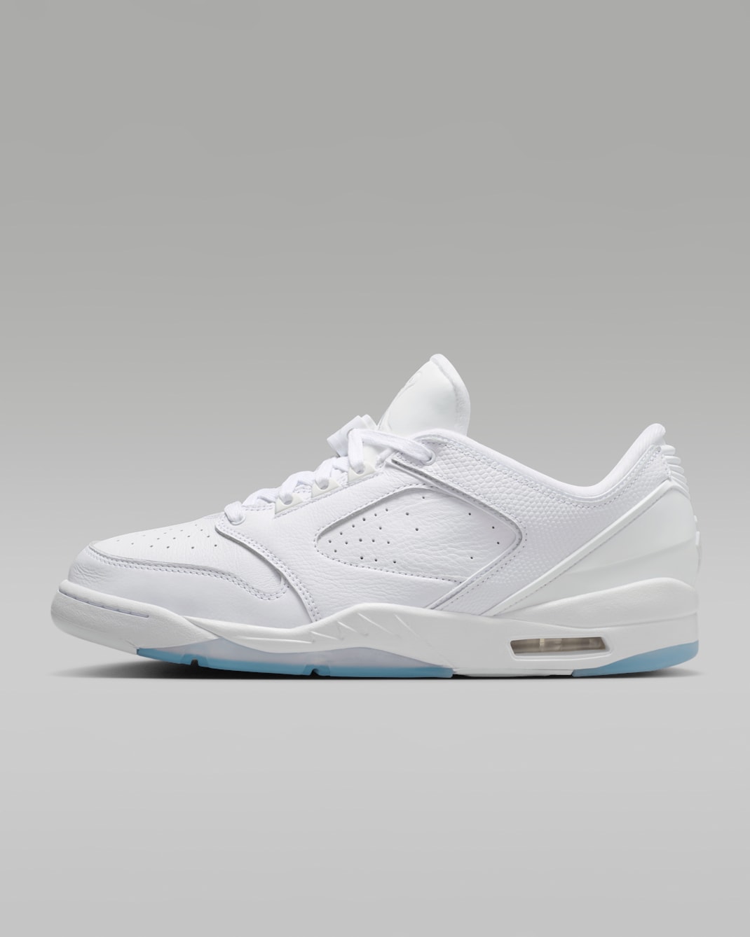 Side view of a white Jordan Sixty Plus Low sneaker on a gray background.