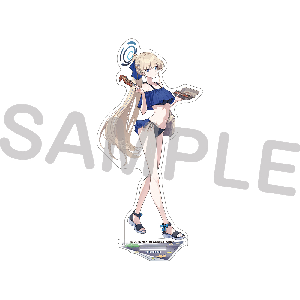A mockup image of an acrylic stand showing the character Toki in blue swimwear on a white background with a SAMPLE watermark.