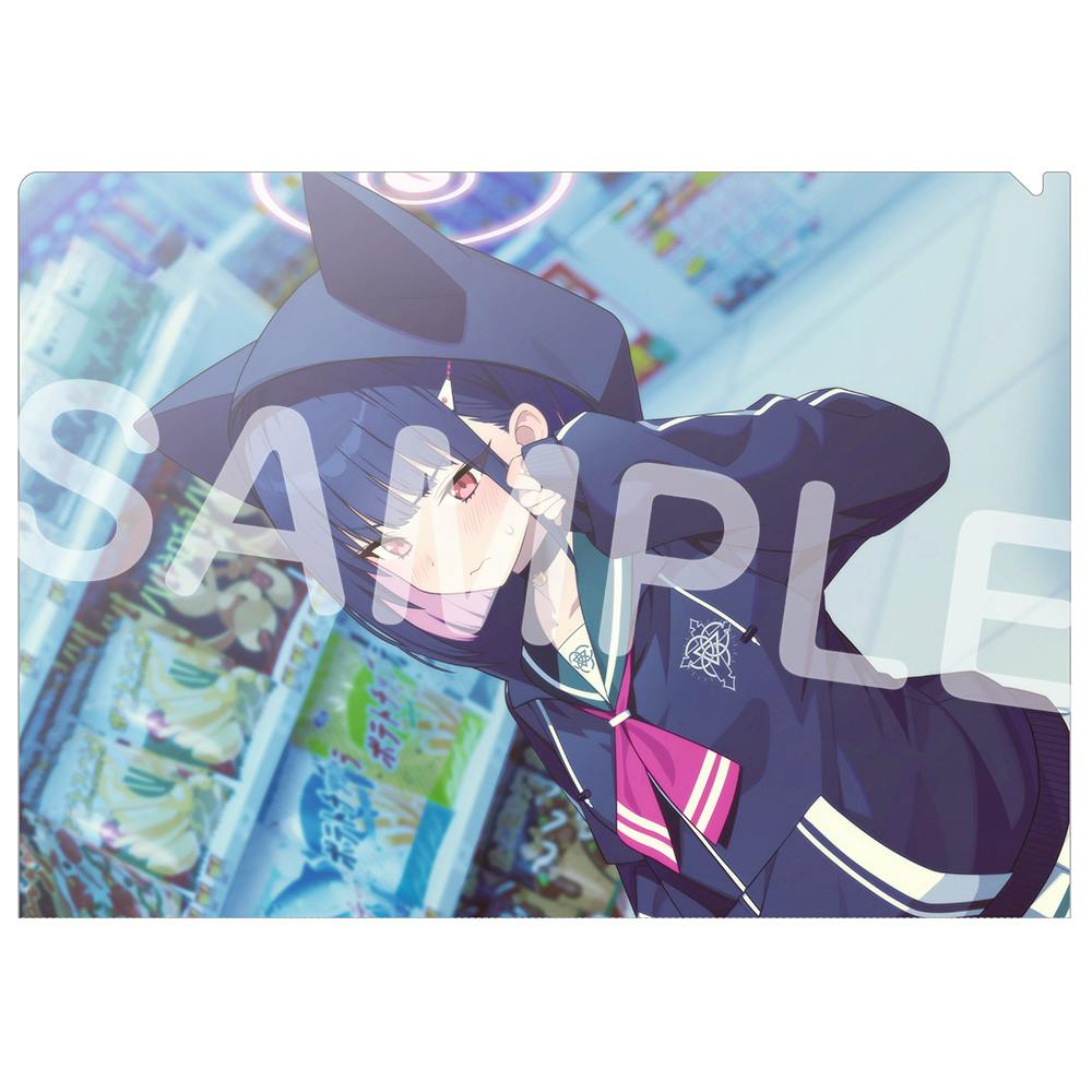 Front side of the clear file showing an illustrated character wearing a cat-eared hood in a store-aisle background with a large "SAMPLE" watermark.