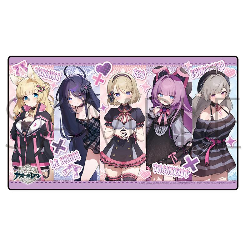 Rectangular rubber desk mat showing five anime-style female characters and decorative icons on a pink background.