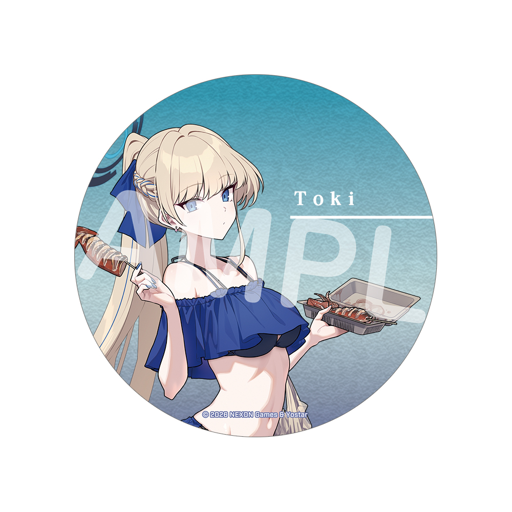 Round acrylic coaster design showing the character Toki in a blue off-shoulder bikini top holding skewered food and a food tray with the text "Toki" and a SAMPLE watermark.