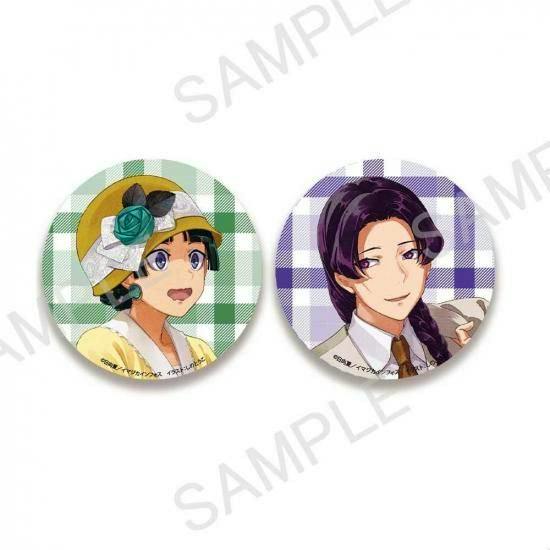 Two round can badges showing illustrated characters from the JR東海×薬屋のひとりごと collaboration on green and purple checkered backgrounds.