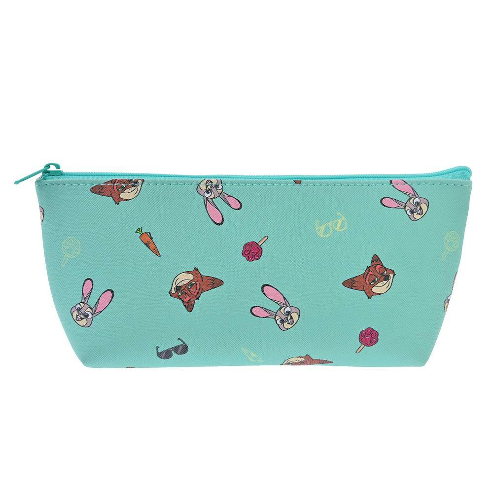 Turquoise synthetic leather pencil case with printed Judy Hopps and Nick Wilde faces and small icons.