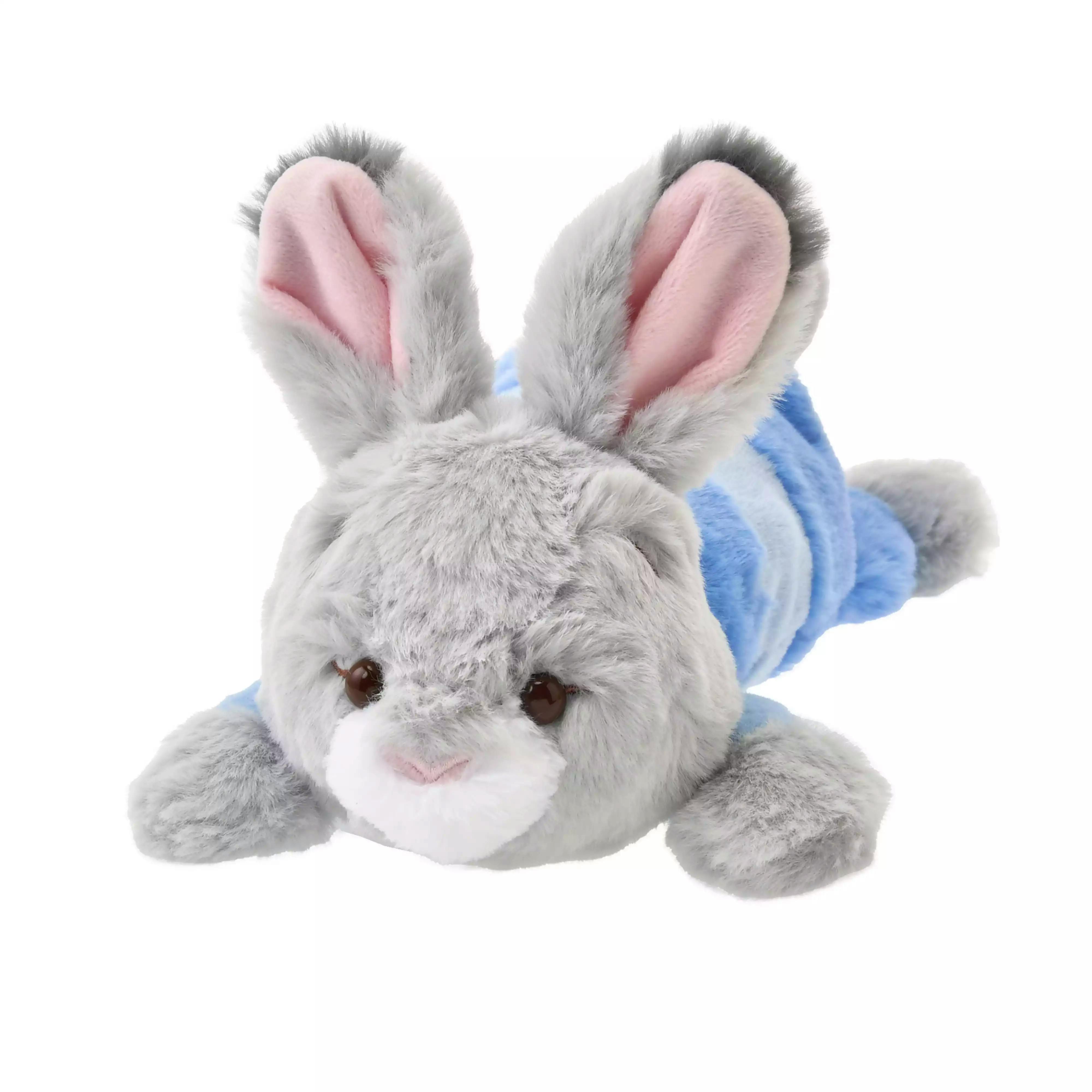 Close-up of the Judy Hopps plush pencase showing gray fur, pink-lined rabbit ears, and part of the blue body.