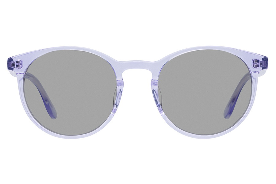 Front view of translucent lavender round-frame corrective glasses with gray lenses on a white background.