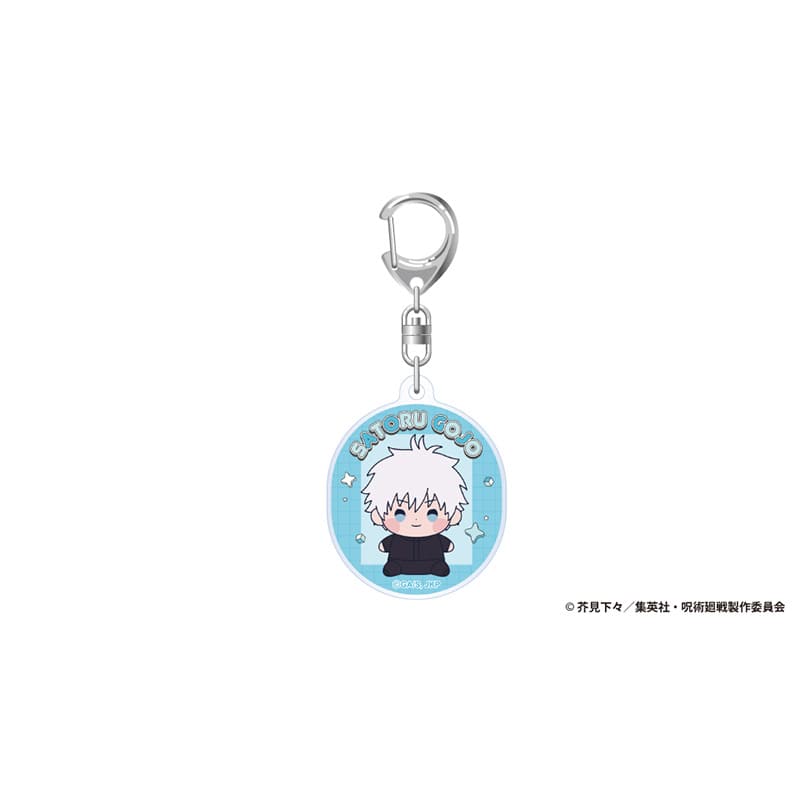 Round acrylic keychain showing a chibi illustration of Gojo Satoru on a blue background with a metal clasp.