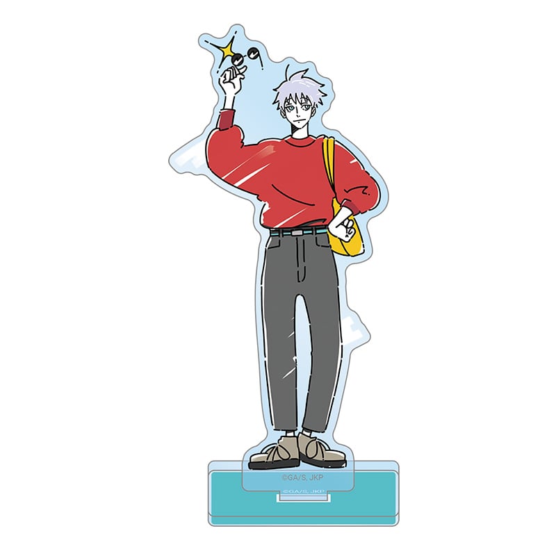 Acrylic decorative stand of 五条悟 (Gojo Satoru) in an ED-visual style, shown full-body standing on a blue rectangular base against a white background.