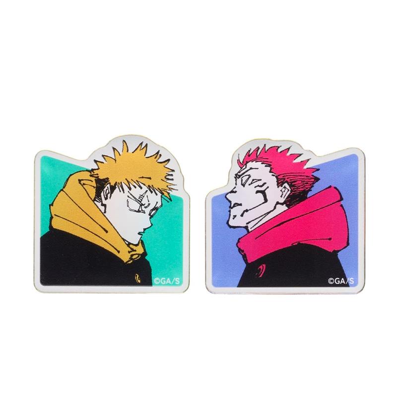 Two acrylic memo stands showing Itadori (left) and Sukuna (right) character portraits.