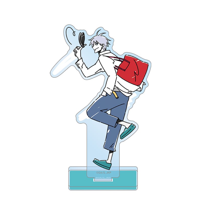 A clear acrylic stand of Gojo Satoru in a stylized walking pose with a red backpack mounted on a blue rectangular base.
