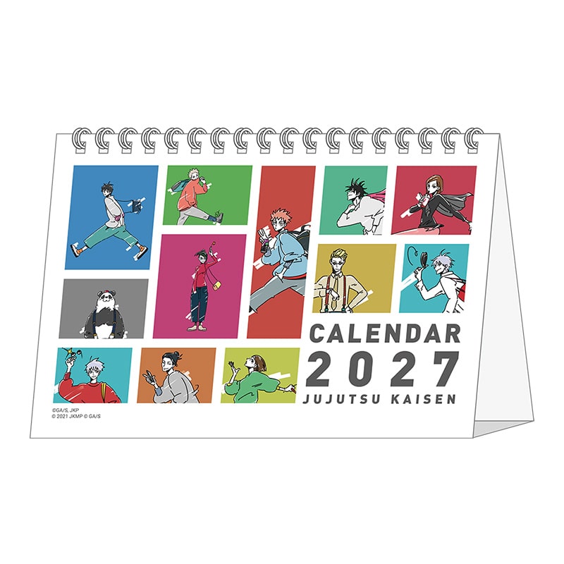 Spiral-bound desk calendar standing on a white base showing colorful character panels and the text "CALENDAR 2027 JUJUTSU KAISEN".