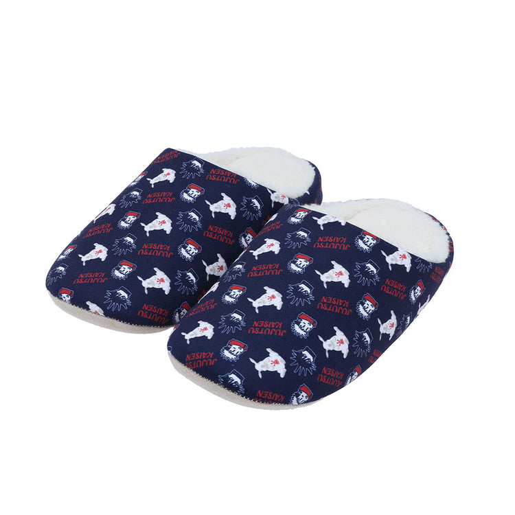 Pair of Jujutsu Kaisen navy boa slippers with character-patterned upper and white plush lining shown at an angle.