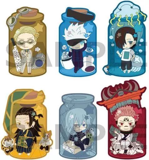 Six chibi Jujutsu Kaisen hair clip designs from the set displayed with a SAMPLE watermark.