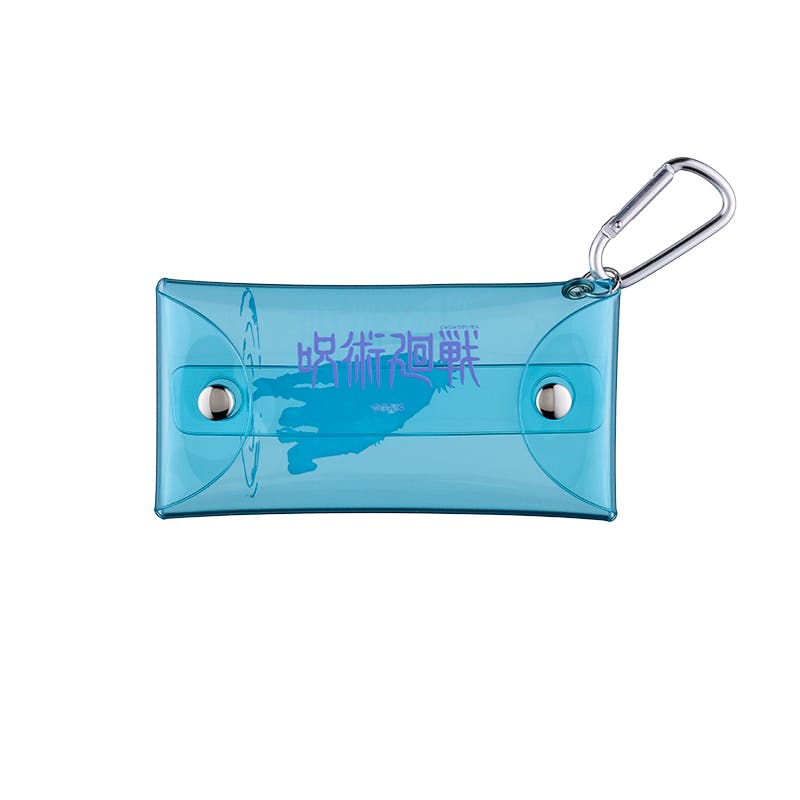 Blue transparent plastic clear case with purple Japanese "呪術廻戦" logo print and an attached silver carabiner.