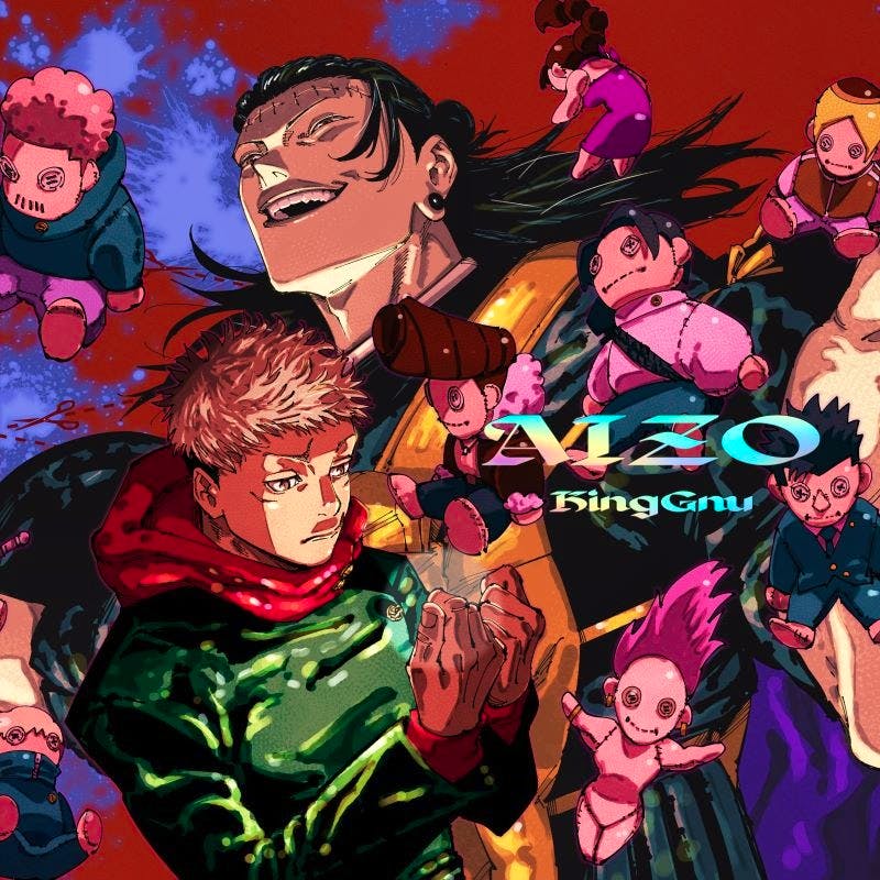 CD cover art for "AIZO" by King Gnu showing anime-style characters and multiple doll-like figures on a red background.