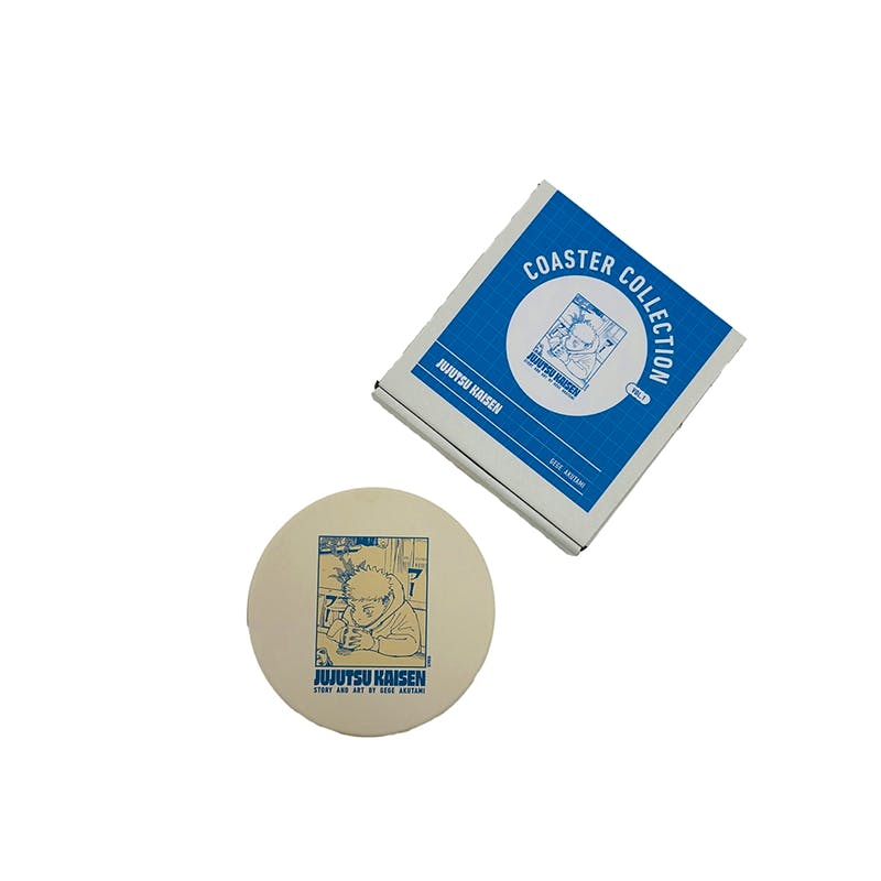 Round diatomaceous earth coaster with a blue Jujutsu Kaisen character illustration shown next to its blue Coaster Collection box.